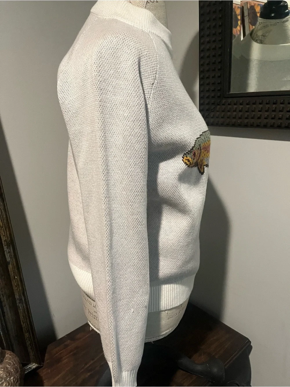 The Sage Vintage , Cream Sweater with Multicolor Trout Motif